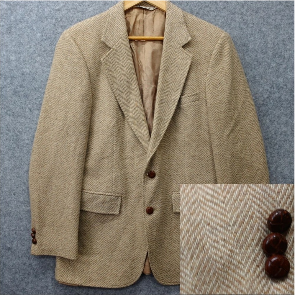 Vintage Herringbone Tweed Sport Coat Mens 38R WOODMERE Tan Wool Jacket Speckled